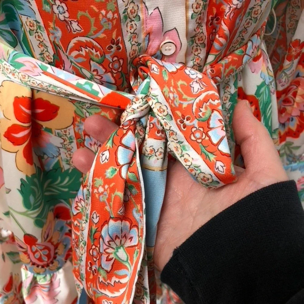 Fate‎ Floral Mini Dress Women Small Orange White Mock Neck Button Up Retro